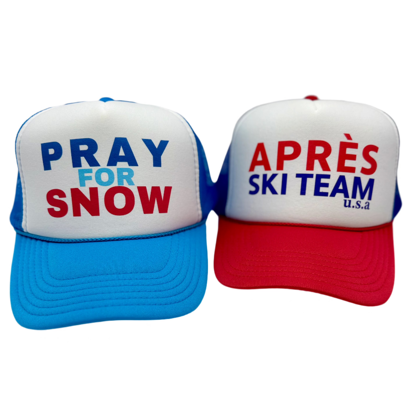 “Pray for Snow” retro foam trucker hat with mesh back and snap closure—perfect for ski lovers, snowboard trips, winter vacations, and après-ski style.