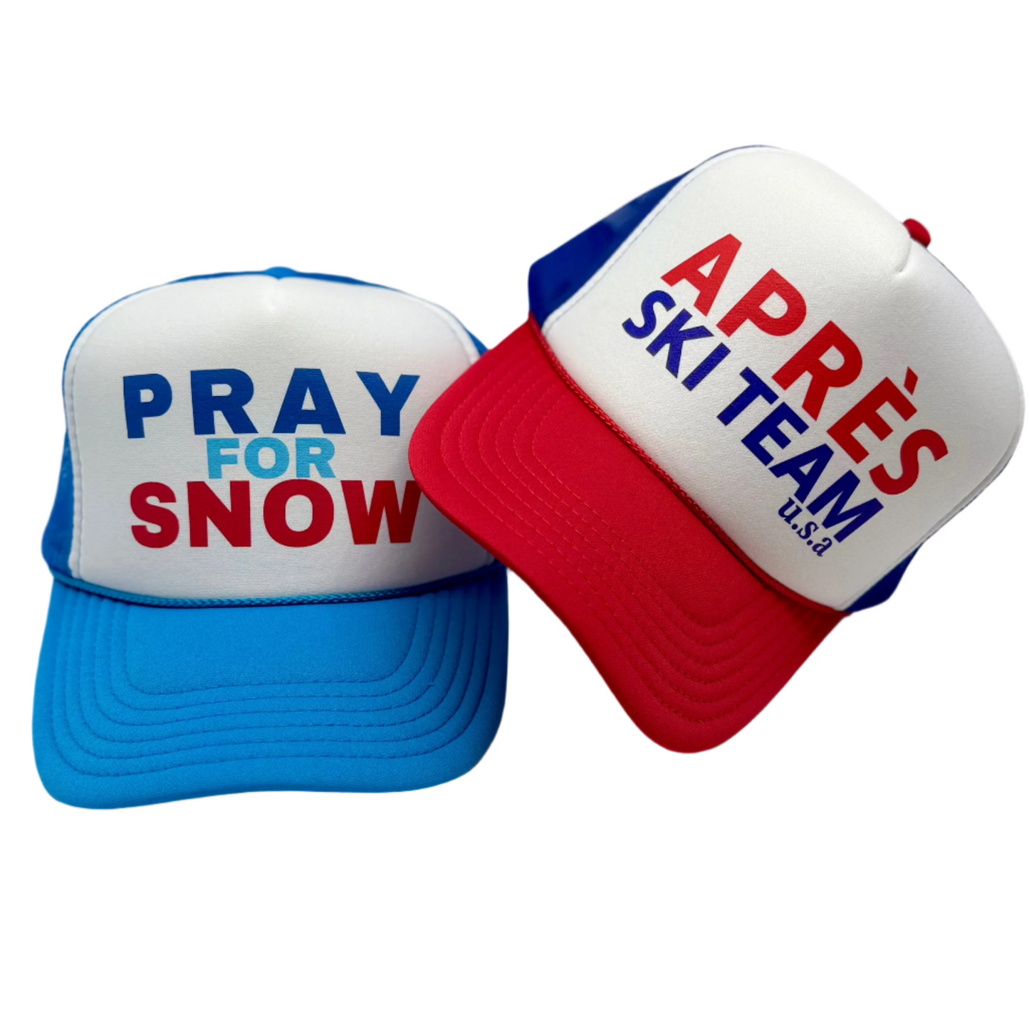 “Pray for Snow” retro foam trucker hat with mesh back and snap closure—perfect for ski lovers, snowboard trips, winter vacations, and après-ski style.