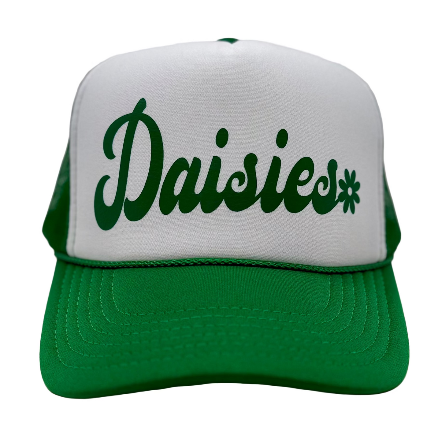 Green and white cap with 'Daisies' text on a light gray background