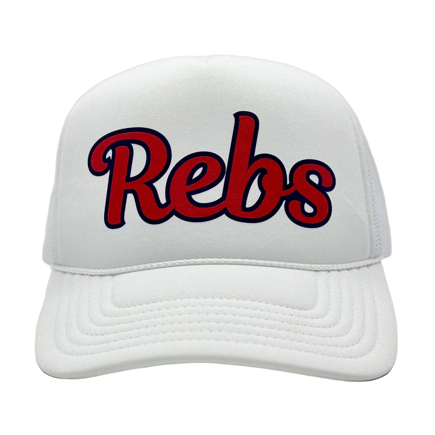 White cap with 'Rebs' text in red and blue on a white background