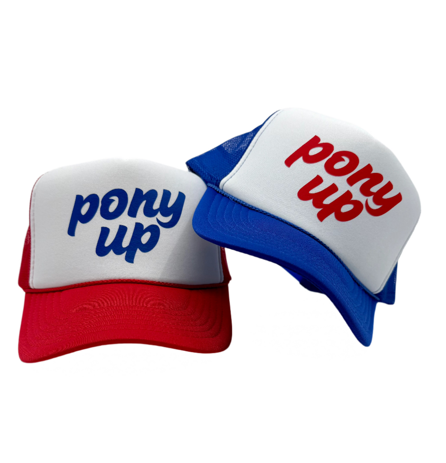 SMU Pony Up Trucker Hat with either Red/White Hat or Royal Blue and White hat with script pony up logo in red or royal blue.