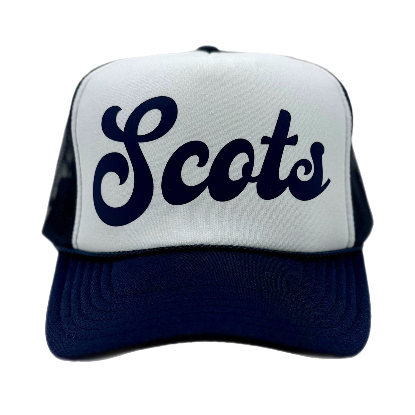 A white and blue trucker hat with 'Scots' written in blue on the front.