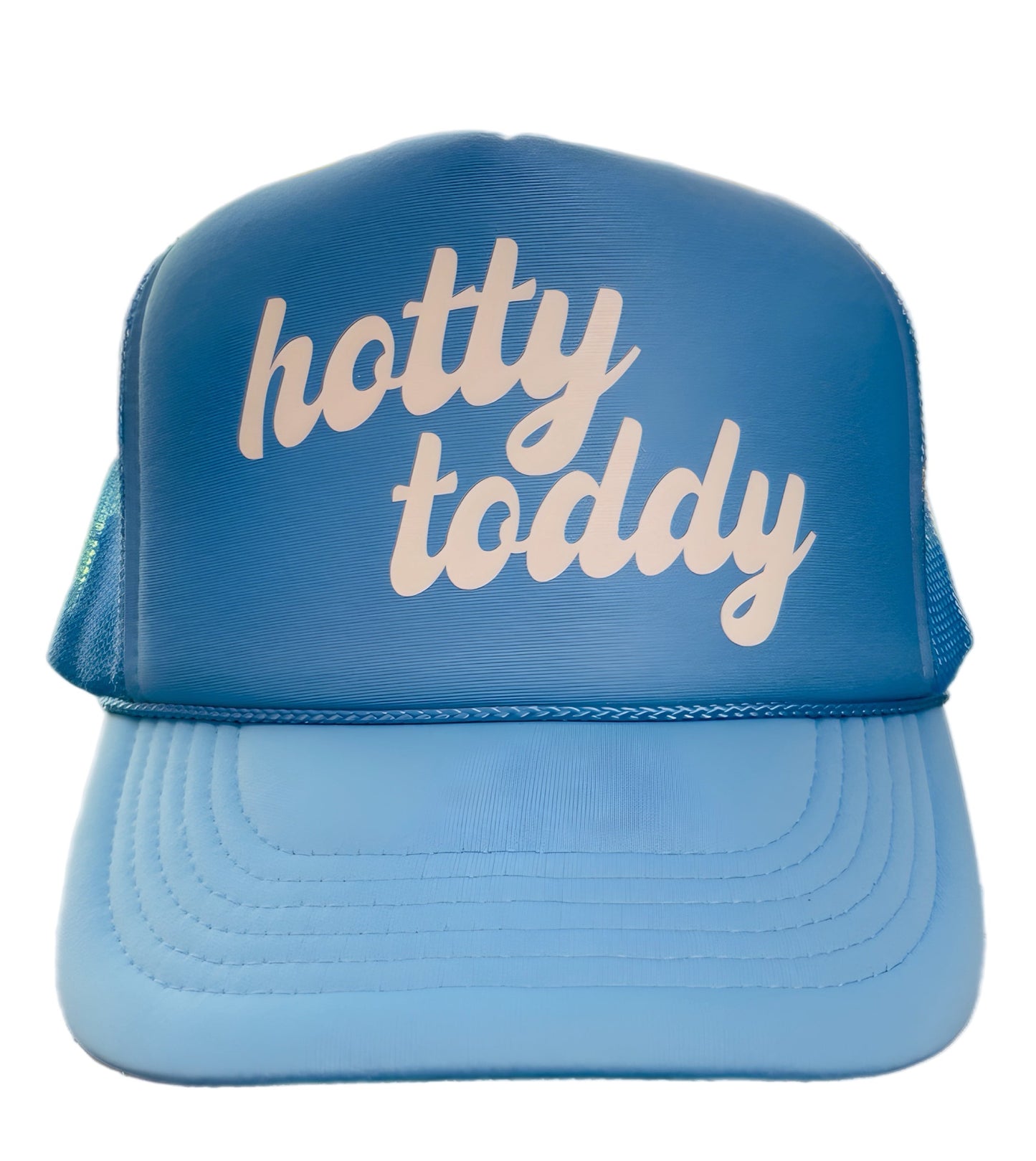 Blue cap with 'hotty toddy' text on a white background