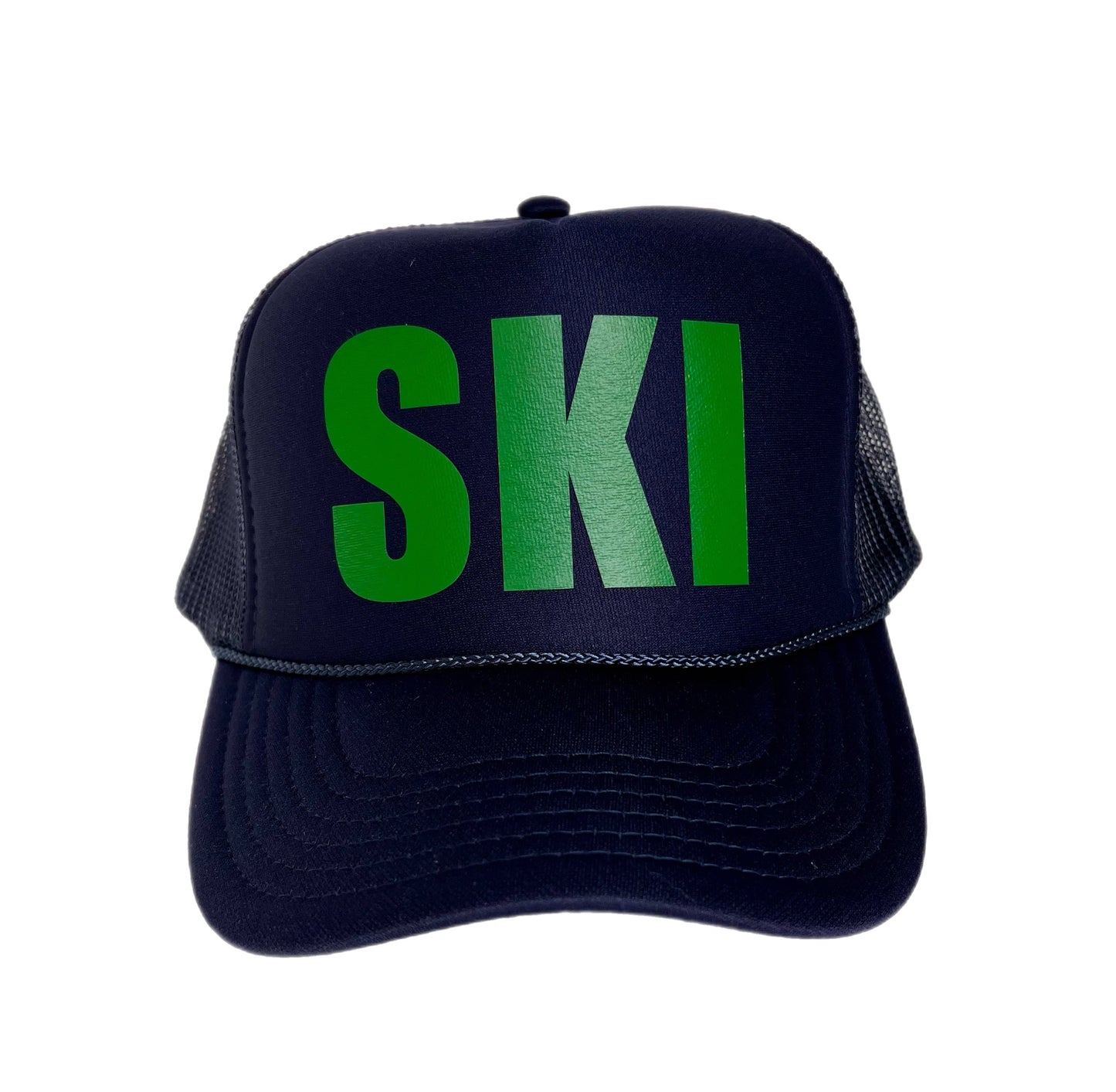 Black cap with green 'SKI' text on a white background