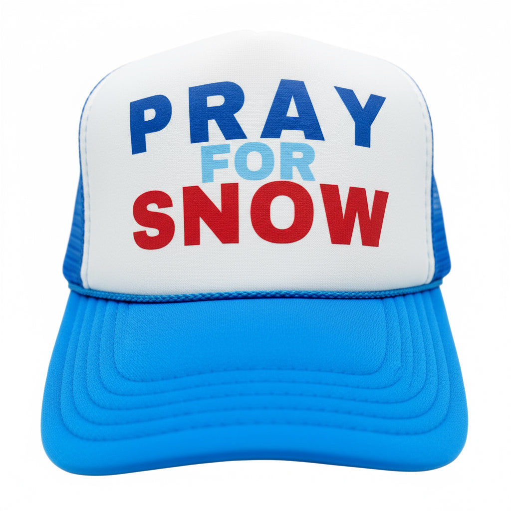 “Pray for Snow” retro foam trucker hat with mesh back and snap closure—perfect for ski lovers, snowboard trips, winter vacations, and après-ski style.