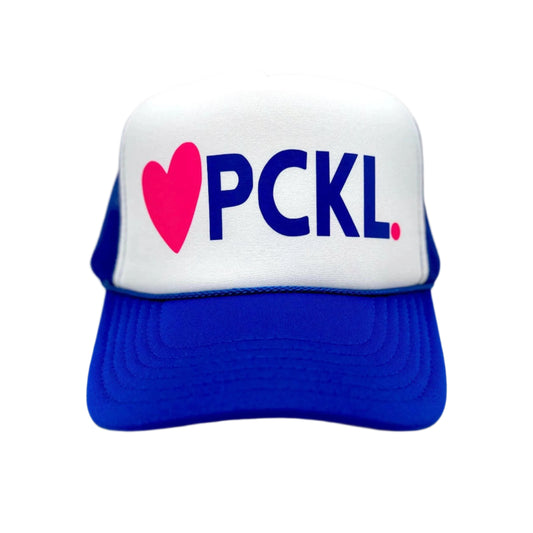 Trucker hat with pink heart and blue text on a white background