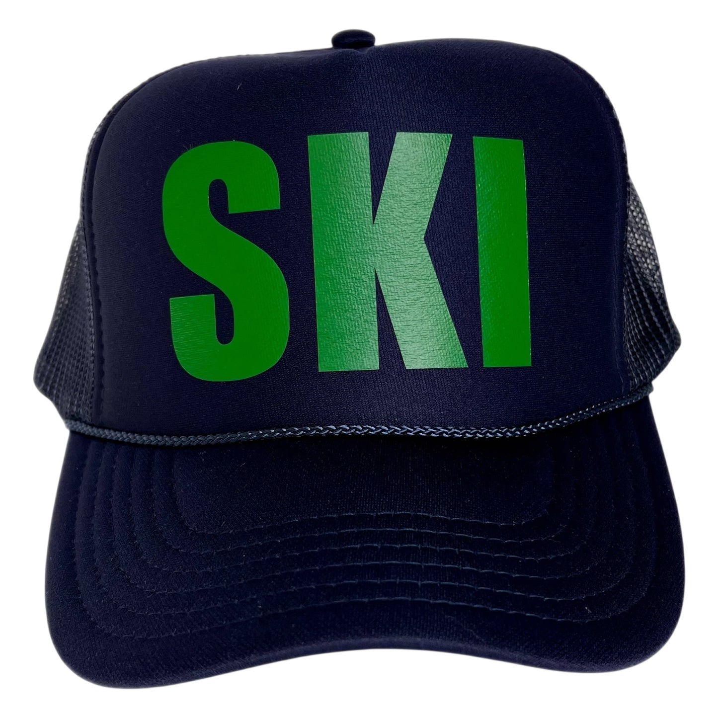 Navy blue cap with green 'SKI' text on a white background