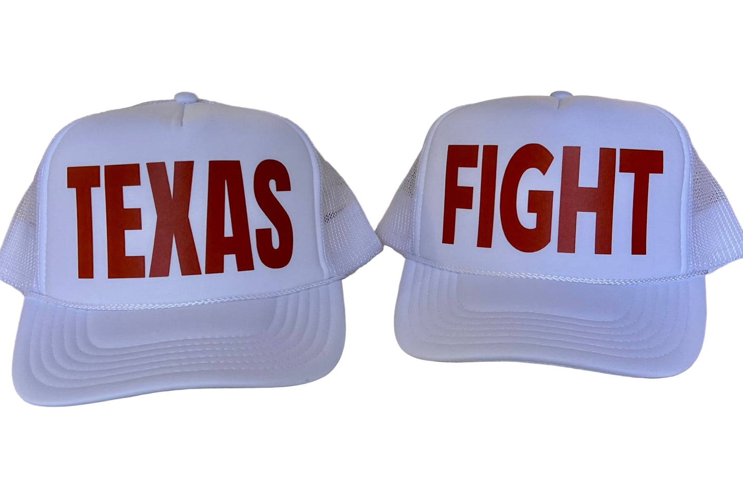 Foam trucker hat featuring bold “Texas” or “Fight” lettering, mesh back, and snap closure—ideal for Longhorn fans, tailgates, game days, and Texas spirit wear.