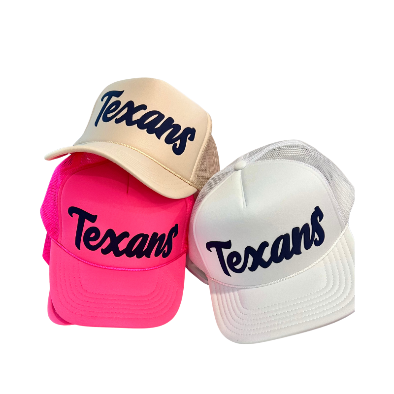 Texas & Wimberley Trucker Hats | Script Puff Ink Style | stevi.co
