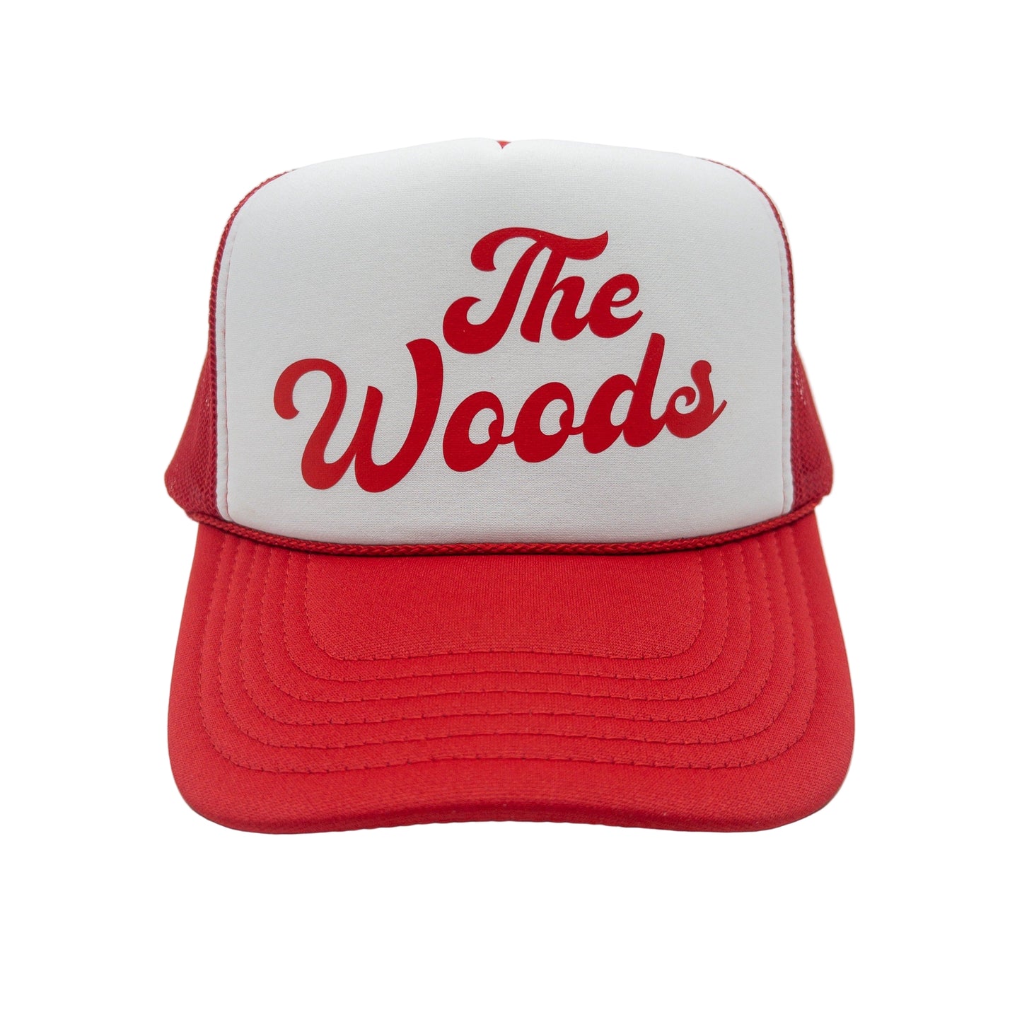 Red and white cap with 'The Woods' text on a light gray background