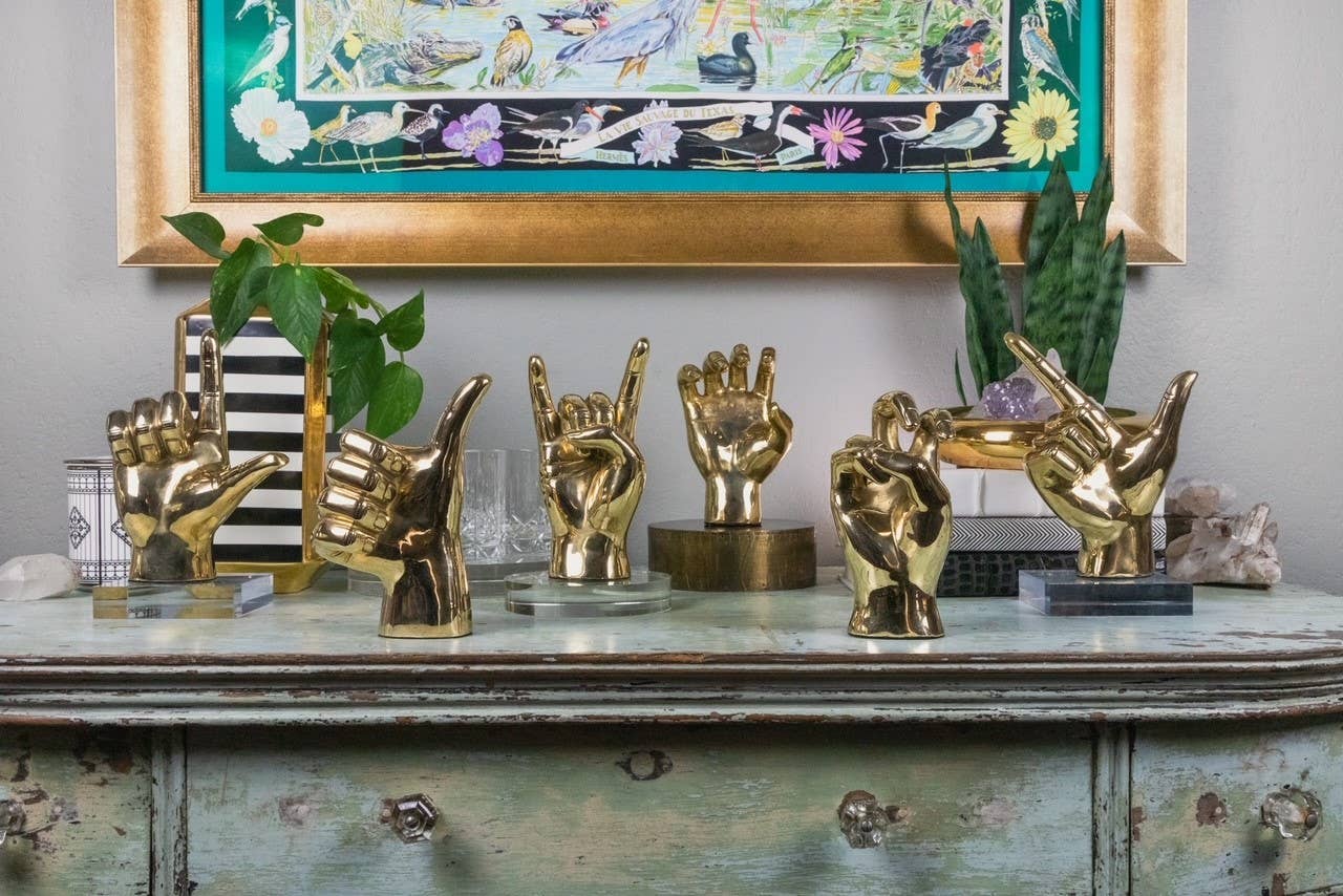 "Rock On" or "Hook 'Em, Horns" Hand Sign Sculpture in Brass