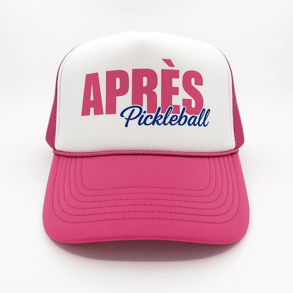Fuschia and white foam trucker hat with apres pickleball logo by stevi