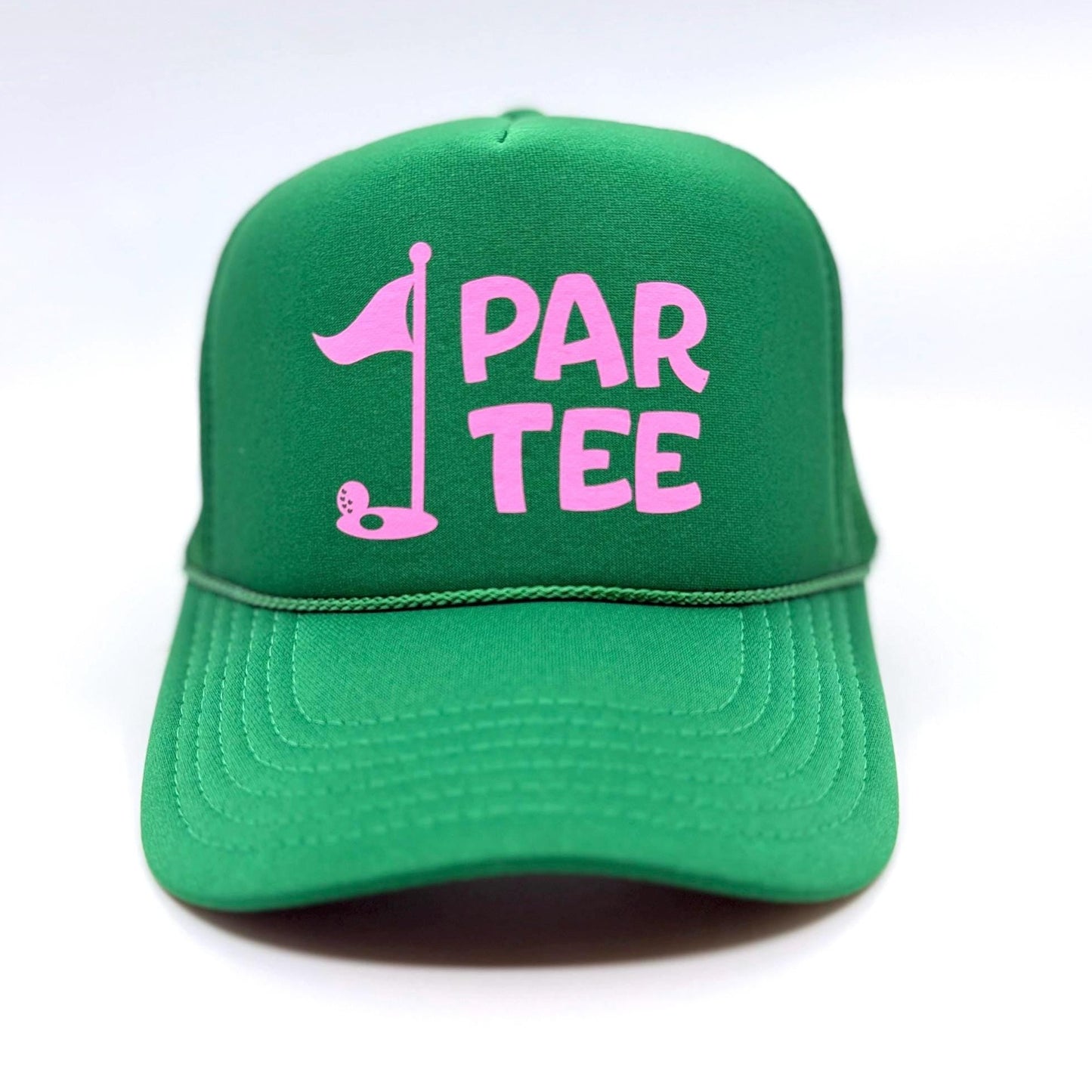 Green foam golf trucker hat with pink 'PAR TEE' text and golf flag design on a white background by stevi