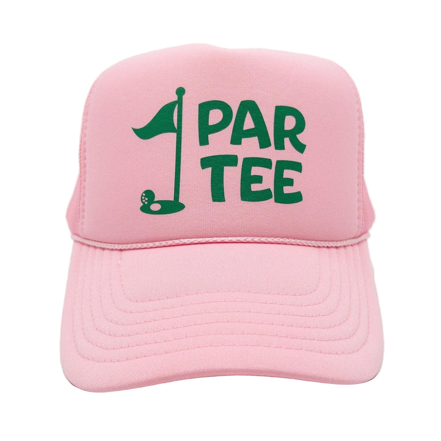 Pink golf trucker hat with green text that says 'PAR TEE.' The hat also features a small green golf flag and ball graphic. The hat is made of a mesh and foam material. It has a structured crown and a curved bill.
