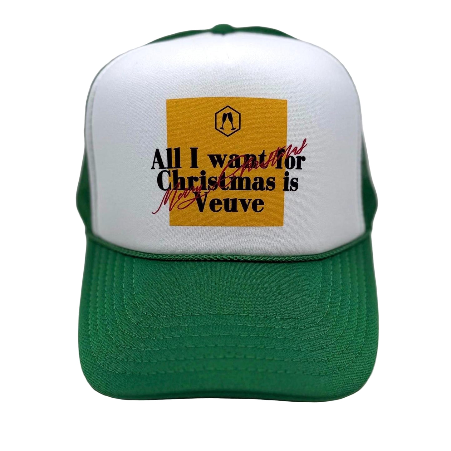 Green and white cap with text design on a white background