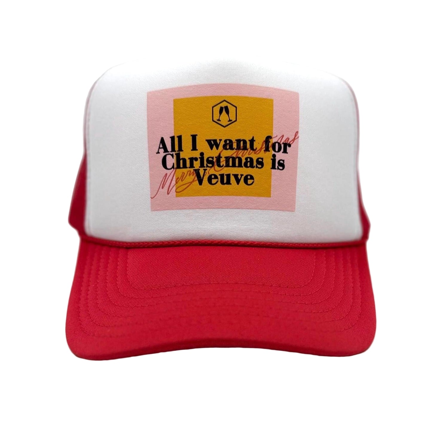 Red and white cap with a humorous text design on a white background