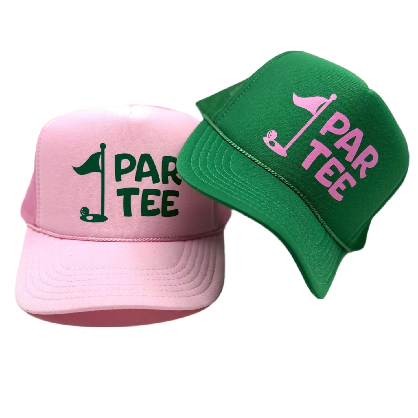 “Par-Tee” golf-themed foam trucker hat with mesh back—fun accessory for golf outings, tournaments, birthdays, and bachelorette or bachelor parties on the course.