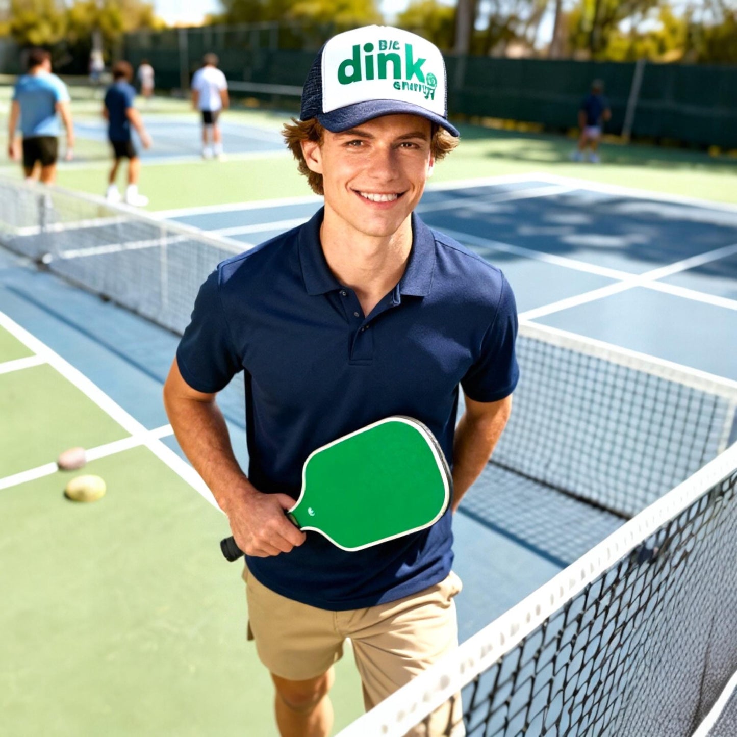 Man on a pickleball court wearing a cap and holding a paddle, with 'Big Dink' branding.