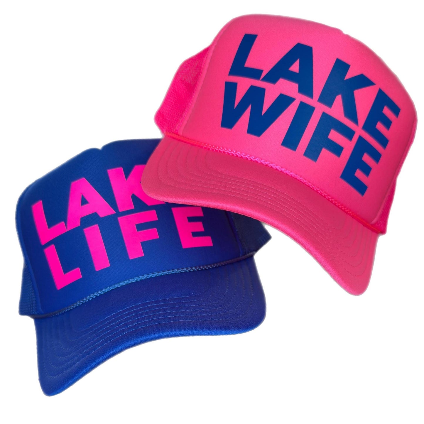 Enjoy a great bachelorette party with the girls to celebrate the lake life and future lake wife with these fun neon trucker hats with bold logo.