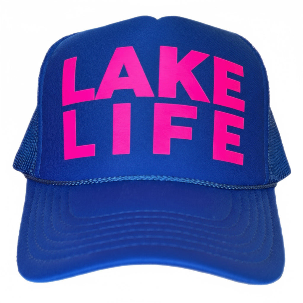 Royal blue trucker hat with Lake Life in neon pink, perfect for a trip to ski, wake surf or enjoy time on the water!