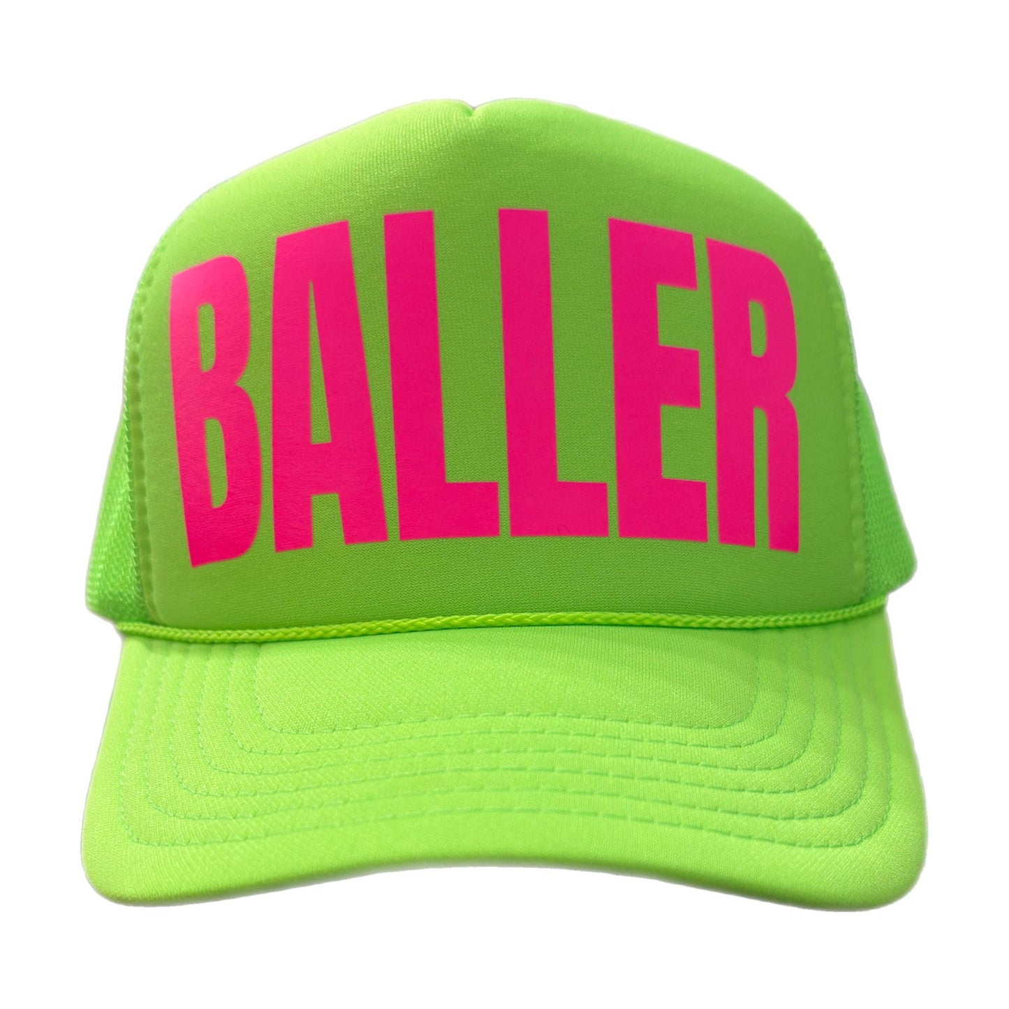Neon green “BALLER” trucker hat with bold pink block letters, foam mesh snapback baseball cap for sporty streetwear style