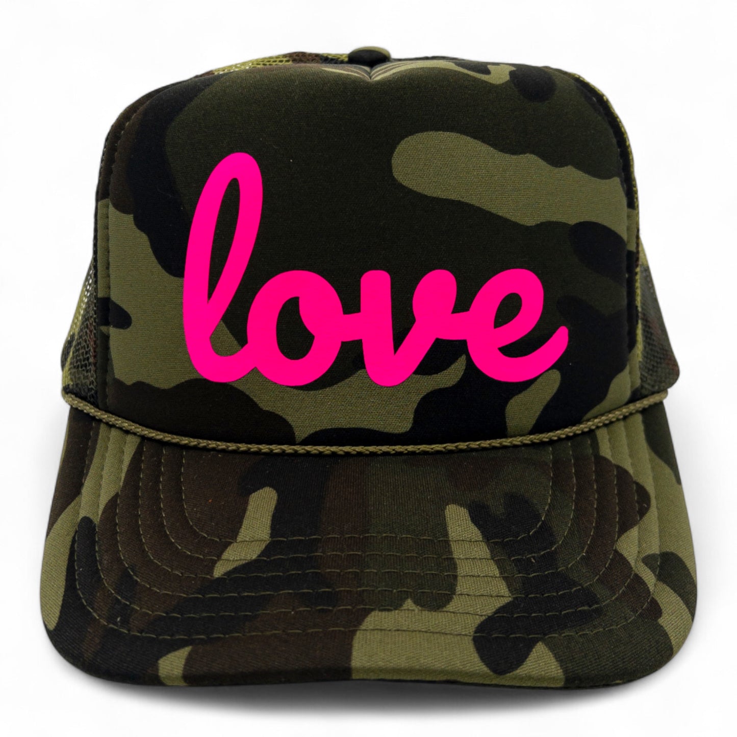 Camo foam trucker hat with bold pink script “love” graphic, fun Valentine’s, bachelorette, or bride party cap.