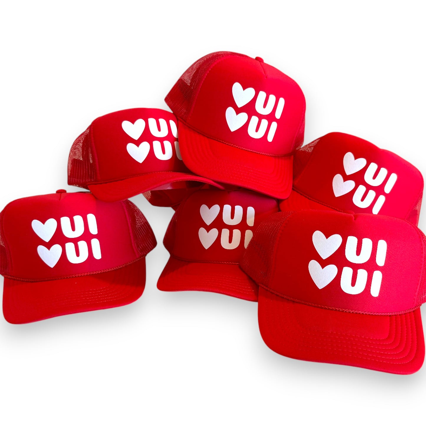 Red trucker hat with valentines love inspired french Oui Oui love trucker hat.