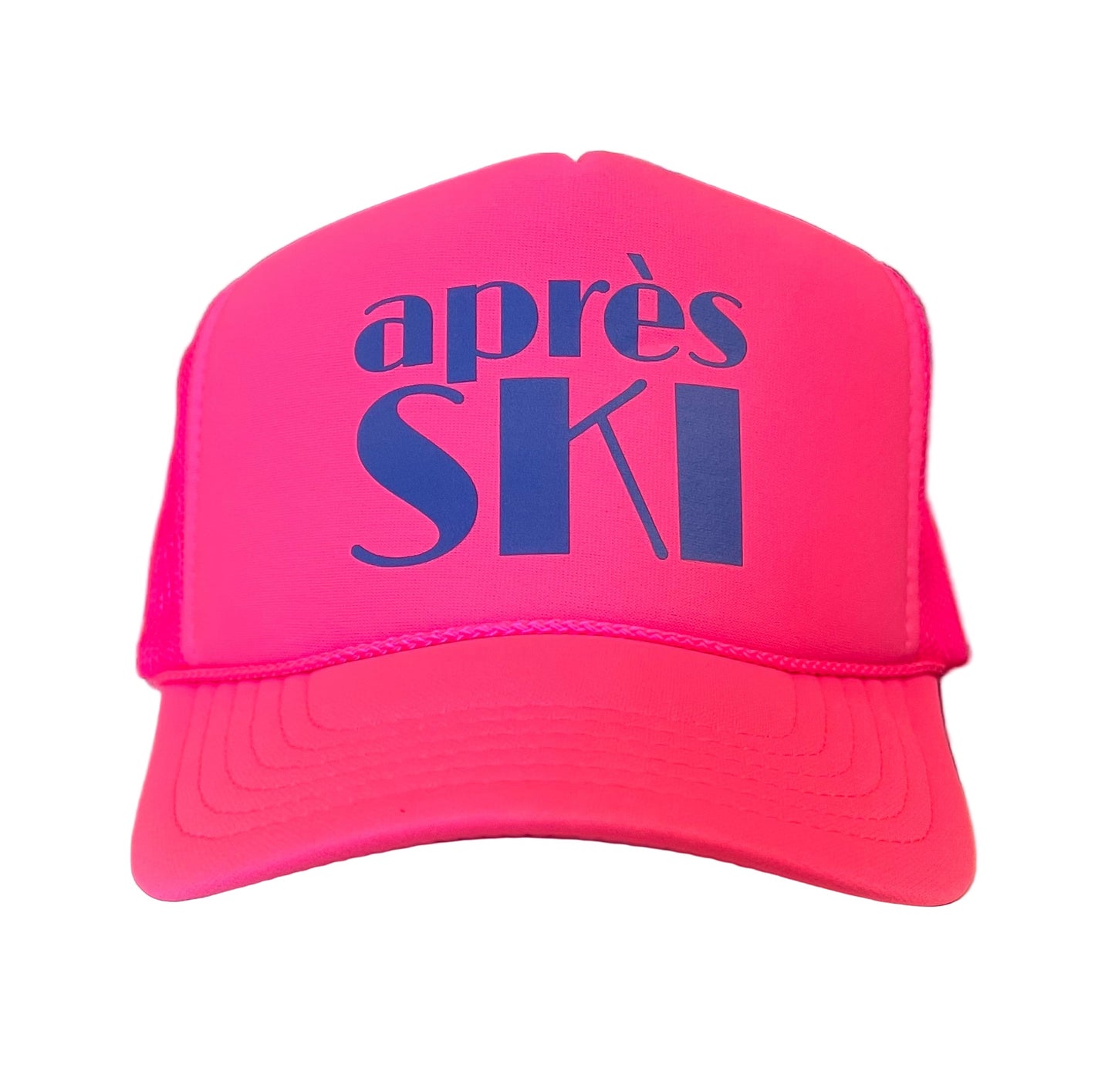 Pink cap with 'apres SKI' text on a white background