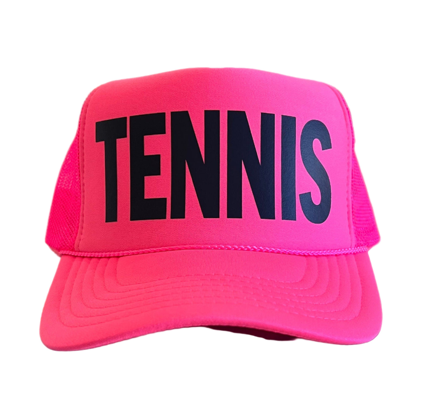 Pink cap with 'TENNIS' text on a white background