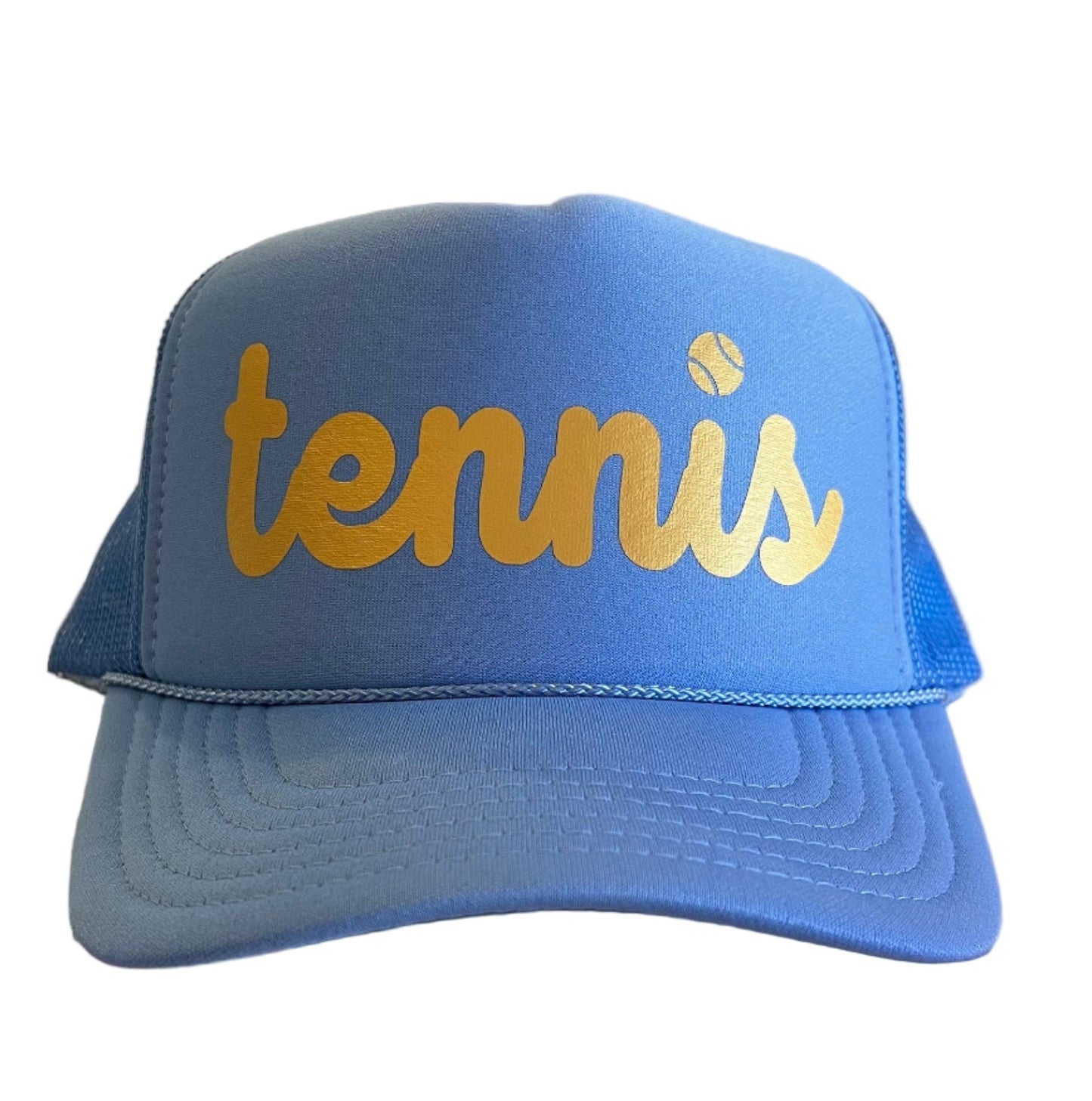 Blue cap with 'tennis' written in yellow on a white background