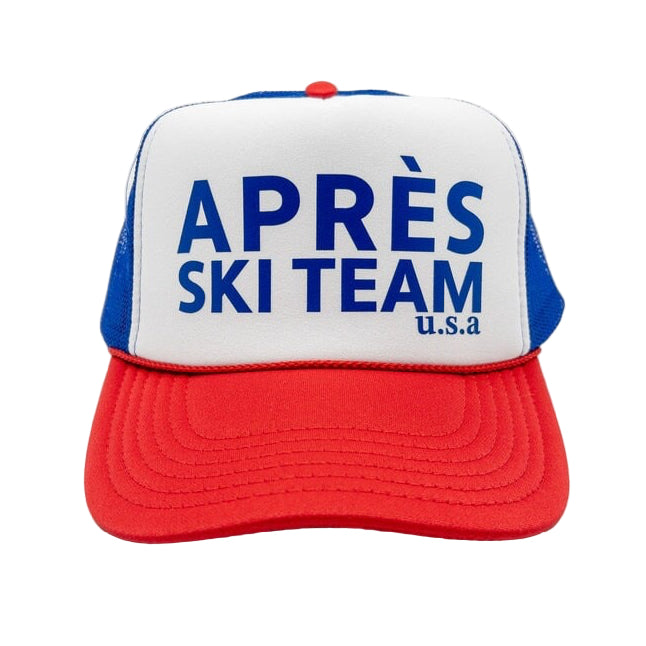 Trucker hat with 'APRèS SKI TEAM u.s.a' text on a white background