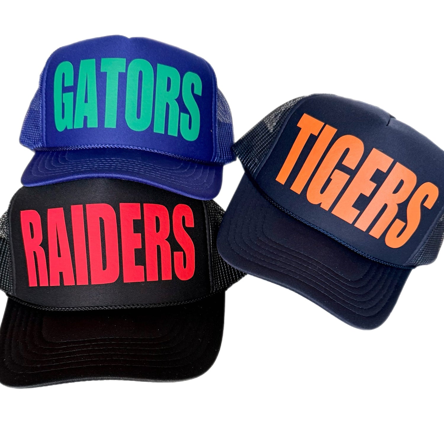 Custom team sports mascot trucker hat personalized for team in bold print.