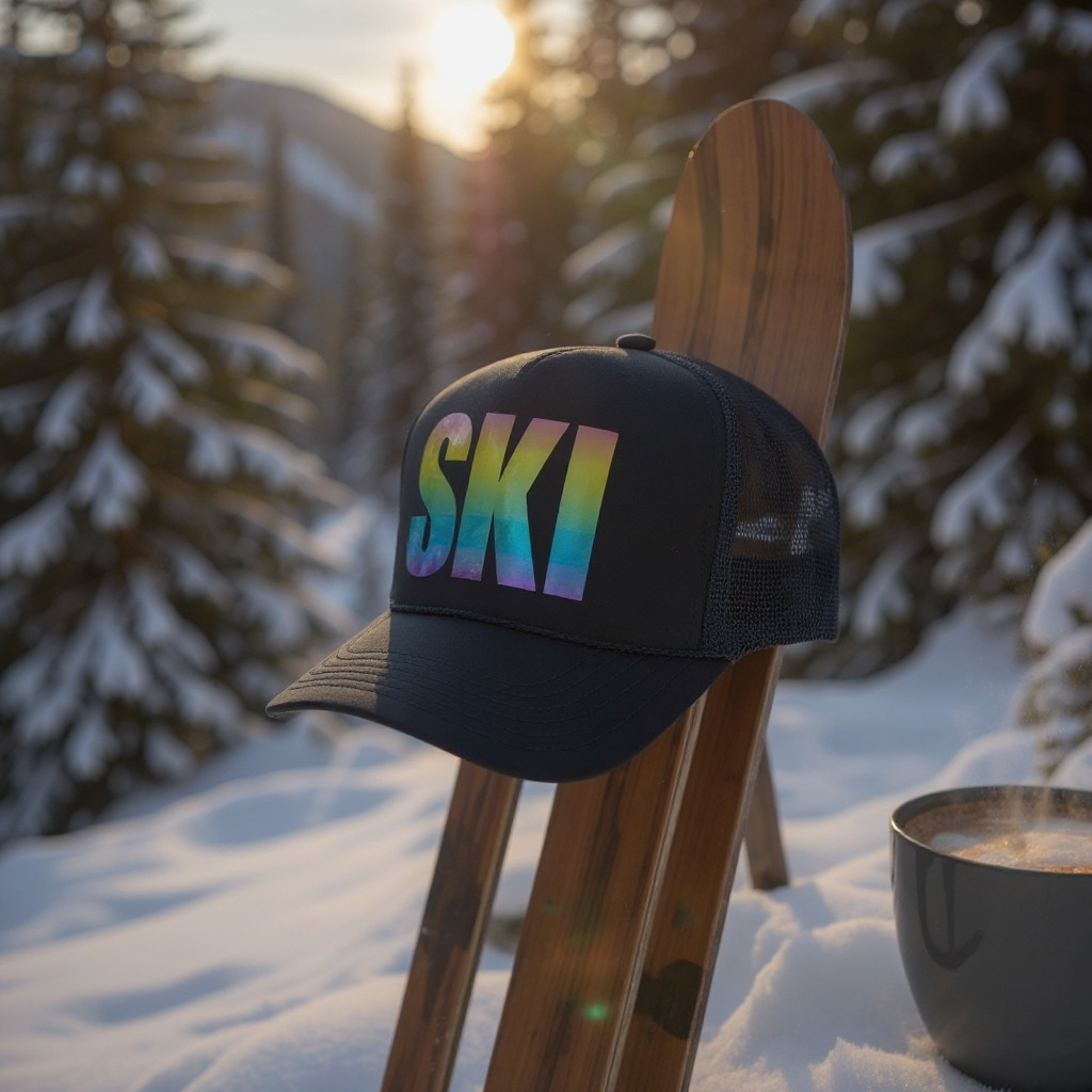 Ski Trucker Hat with big font and monochrome bright letters