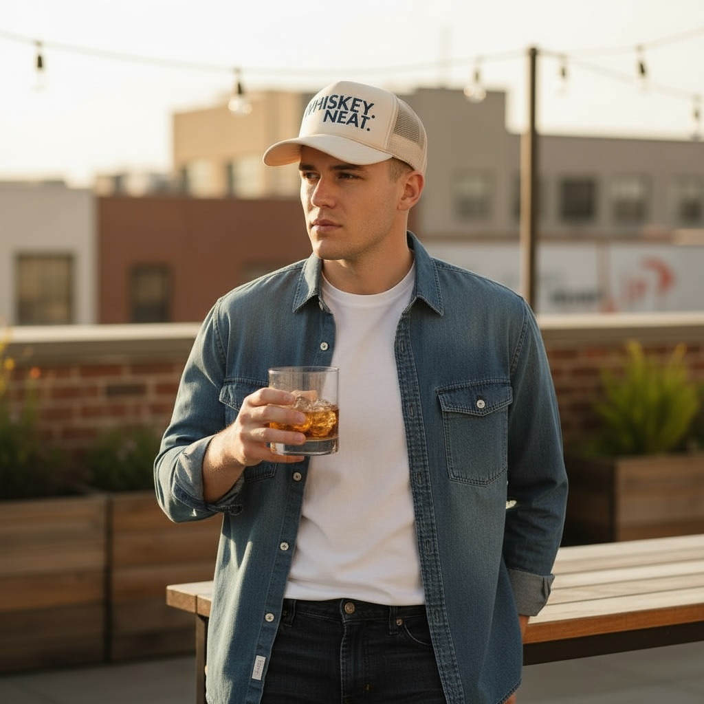 Custom unique trucker hat in tan with Whiskey Neat logo.