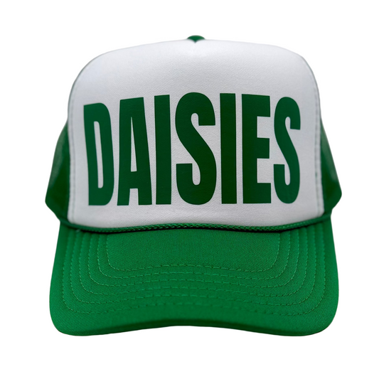 Green and white cap with 'DAISIES' text on a white background