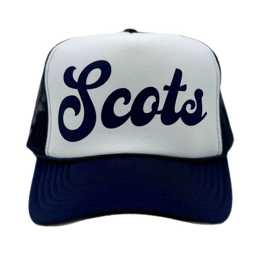 A white and blue trucker hat with 'Scots' written in blue on the front.