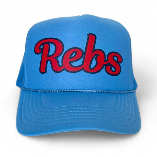 Blue cap with 'Rebs' text on a white background