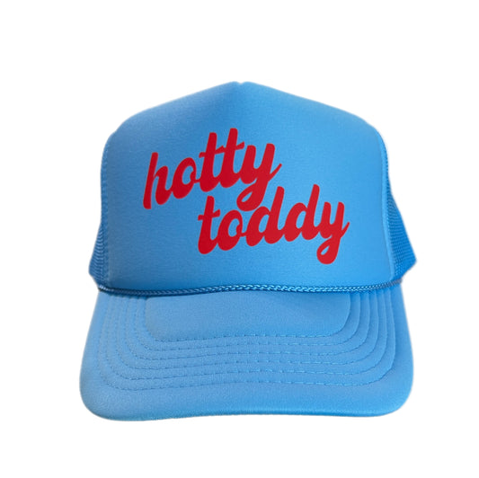 Blue cap with 'hotty toddy' text in red on a white background