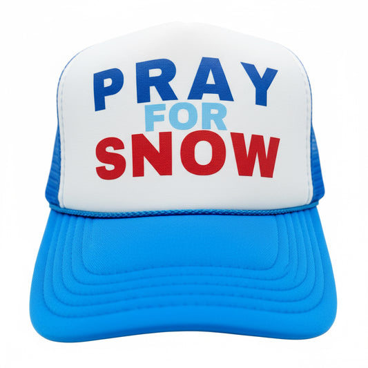 “Pray for Snow” retro foam trucker hat with mesh back and snap closure—perfect for ski lovers, snowboard trips, winter vacations, and après-ski style.