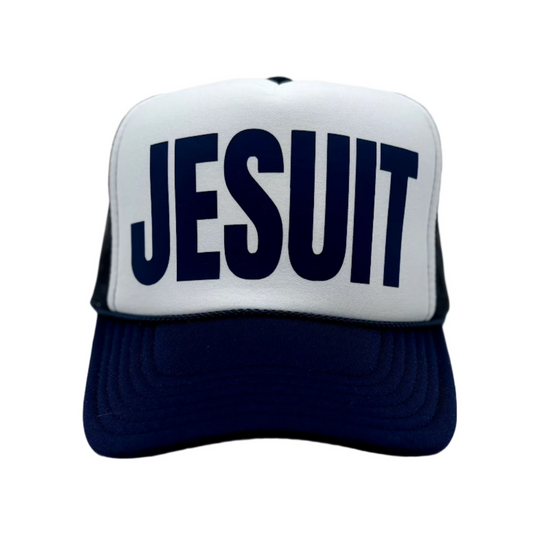 Jesuit Trucker Hat in Navy and White with Navy logo in large block print