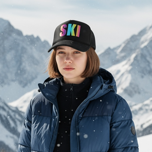 Person wearing a blue puffer jacket and 'SKI' cap in a snowy mountain setting