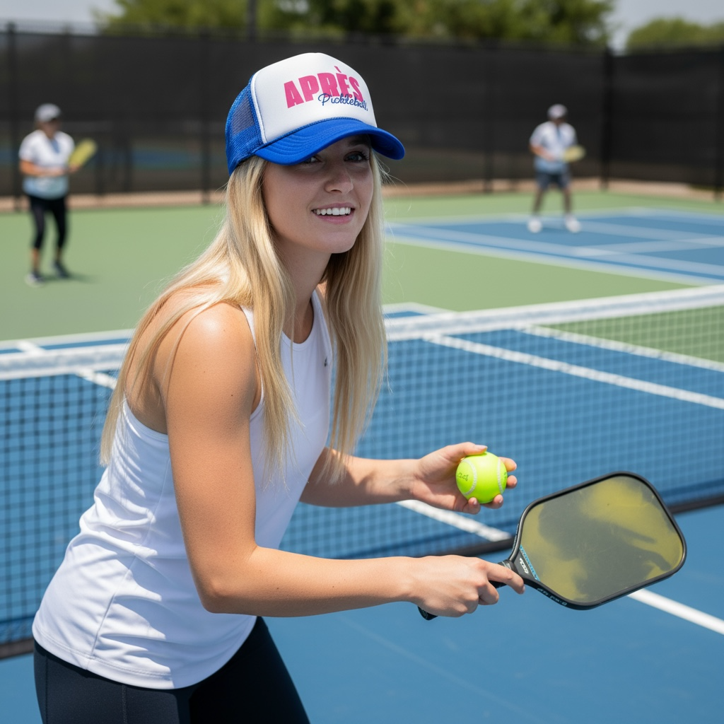 Woman playing pickleball wearing royal and white trucker hat with logo apres pickleball by stevi