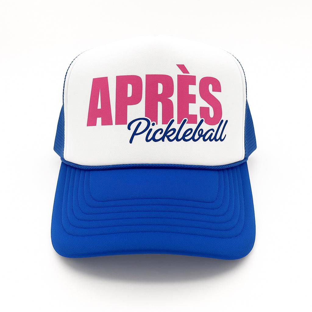 Royal blue and white foam trucker hat with Apres Pickleball logo by stevi