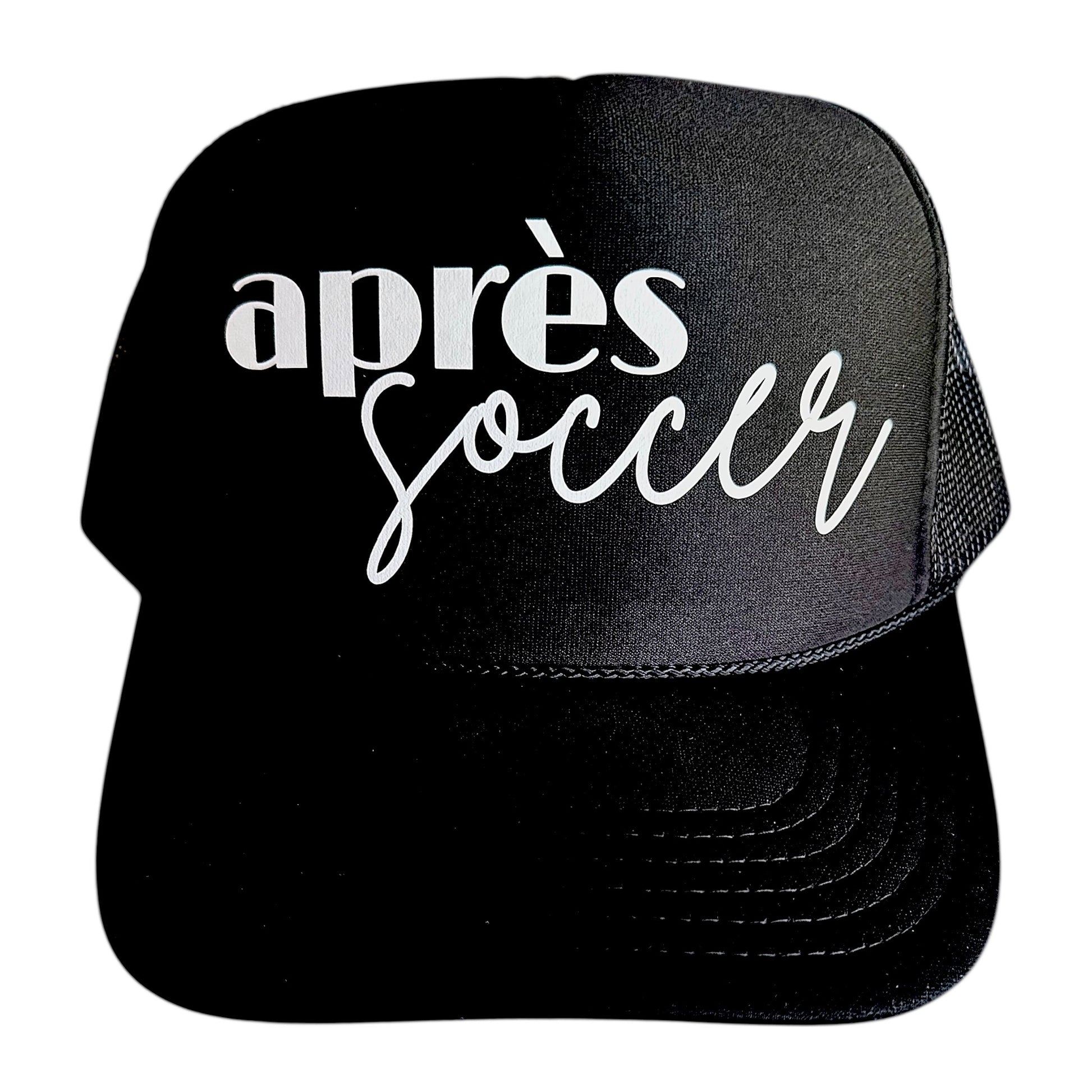 Black foam, snapback trucker hat with Apres Soccer in lowercase font with script by stevi.