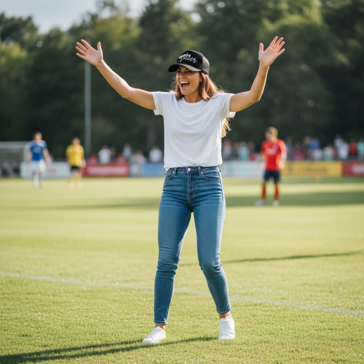 Woman celebrating soccer win wearing apres soccer trucker hat by stevi in black with white ink.