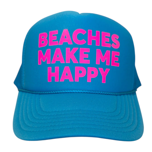 Neon blue trucker hat with block font in neon pink with logo "Beaches Make Me Happy"