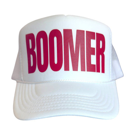White unisex, foam, snapback,adjustable trucker hat with BOOMER logo in block font in crimson by stevi.