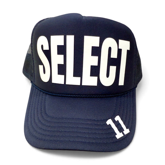 Navy SELECT trucker hat with white block letters and number 11 on brim, foam mesh snapback baseball cap.
