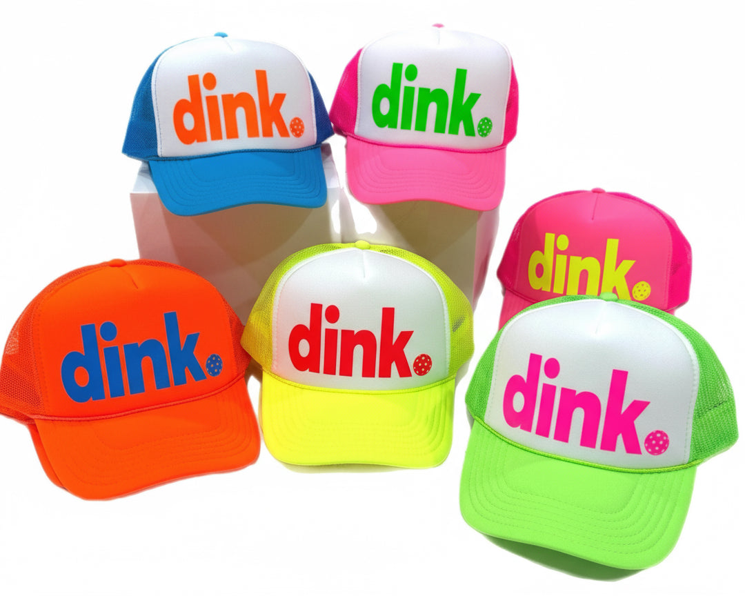 Set of colorful pickleball trucker hats with word 'dink' in block lowercase print with a pickleball by stevi