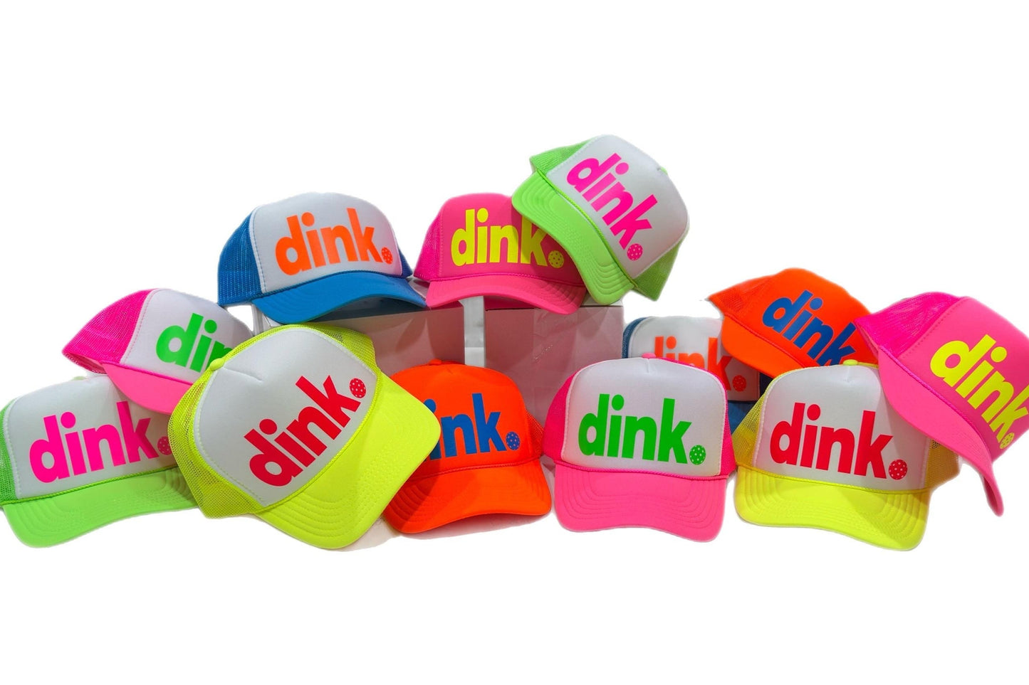 Adjustable snapback pickleball trucker hat in neon colors with logo dink on front by stevi